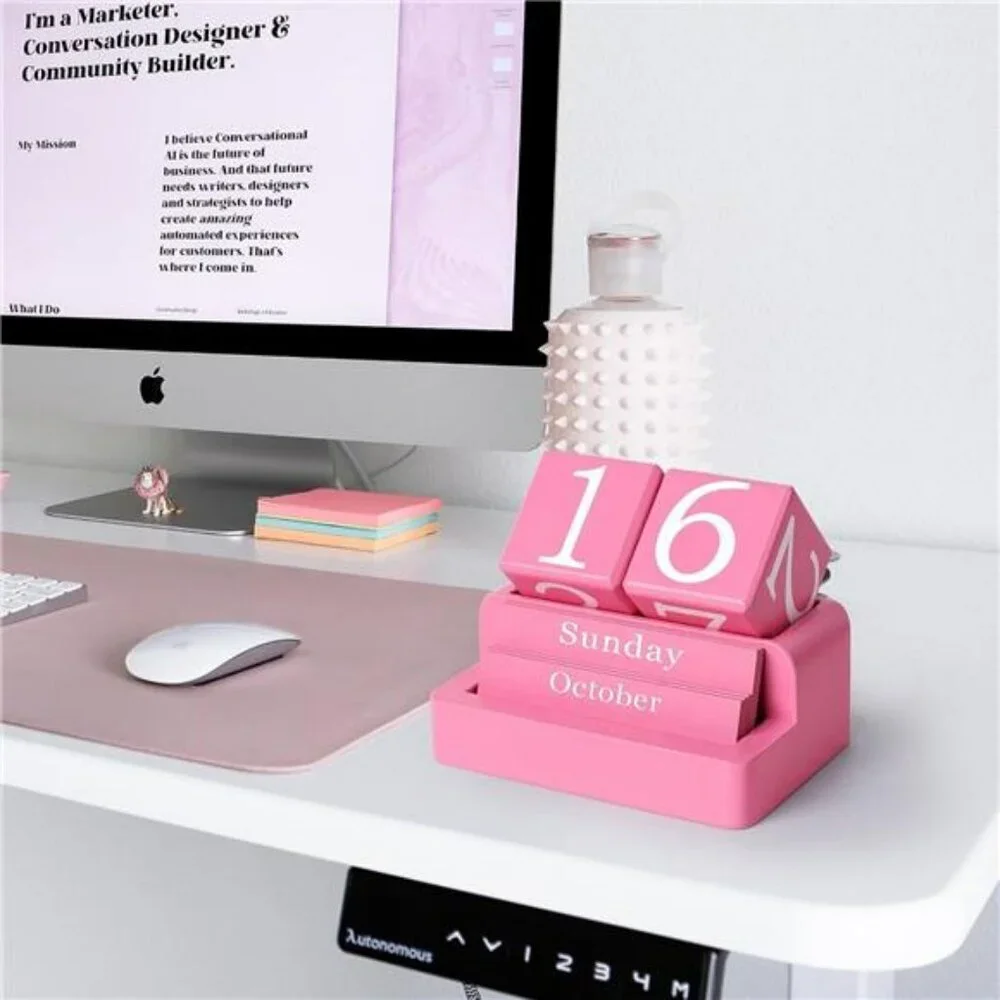 Wooden Block Perpetual Desk Calendar Reusable Date Display Home Office Decor